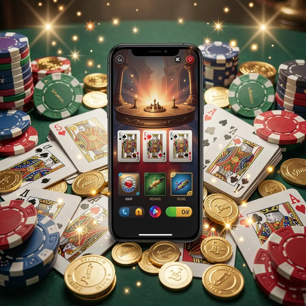 TKGG mobile gaming application concept showing a smartphone surrounded by playing cards, roulette chips, gold coins, and sparkling lights in a premium casino style TKGG mobile gaming application concept showing a smartphone surrounded by playing cards, roulette chips, gold coins, and sparkling lights in a premium casino style
