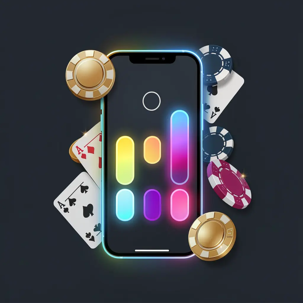 Smartphone displaying casino app installation with progress bar glow surrounded by coins, chips, and cards on a dark background, showcasing TKGG premium mobile gaming design Smartphone displaying casino app installation with progress bar glow surrounded by coins, chips, and cards on a dark background, showcasing TKGG premium mobile gaming design