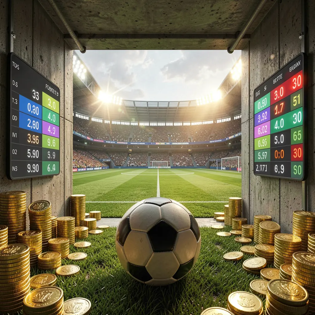 Dramatic stadium tunnel opening to a bright soccer field with a football in the foreground, digital odds graphics and gold coins highlighting the TKGG football betting platform scene