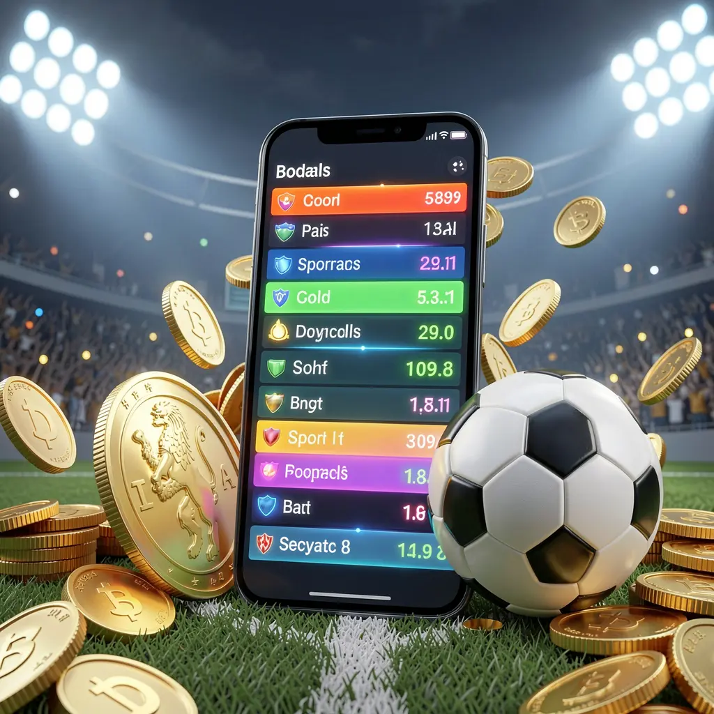 TKGG modern football betting visual featuring a smartphone with glowing sports odds interface, a soccer ball, golden coins, and stadium lights in a premium 3D illustration