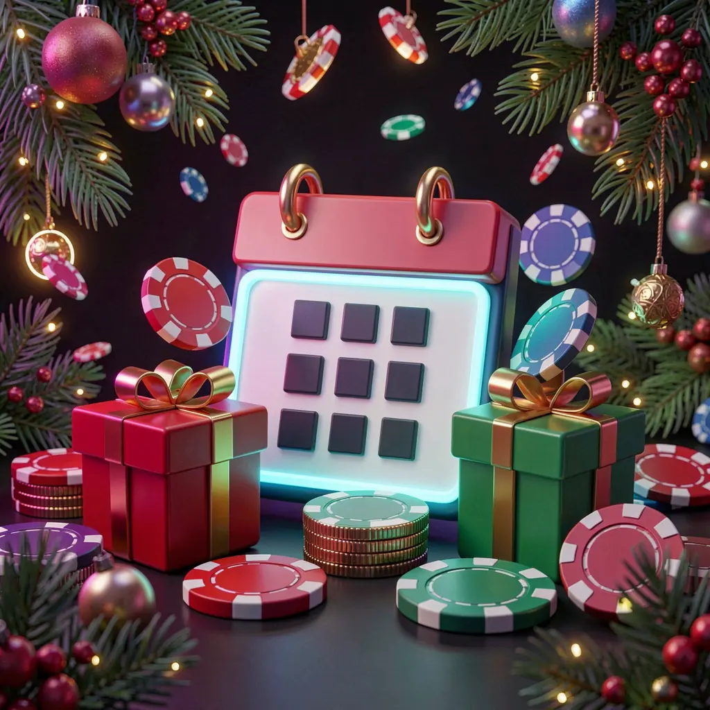 TKGG weekly casino bonus concept featuring a calendar icon, gift boxes, coins, and chips on a festive dark background with neon glow in premium 3D style