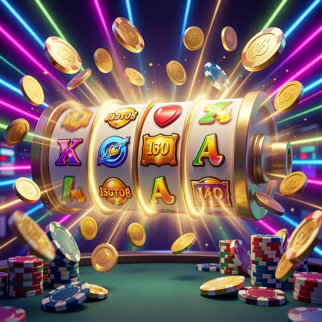 TKGG online casino free spins bonus concept featuring colorful slot machine reels spinning with golden light effects, flying coins, jackpot symbols, and casino chips on a vibrant neon background in a dynamic 3D render
