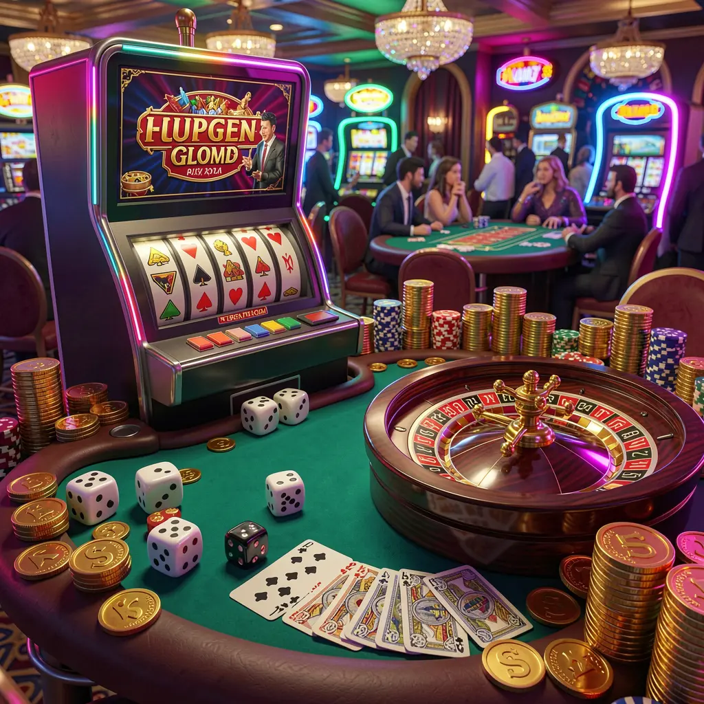 TKGG casino entertainment scene featuring a slot machine, roulette wheel, dice, cards, and golden coins illuminated by colorful neon lights in a vibrant and exciting premium atmosphere