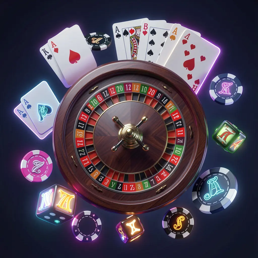 TKGG online casino games collection featuring a neon glowing roulette wheel, blackjack cards, dice, slot symbols, and poker chips floating together in a premium 3D render