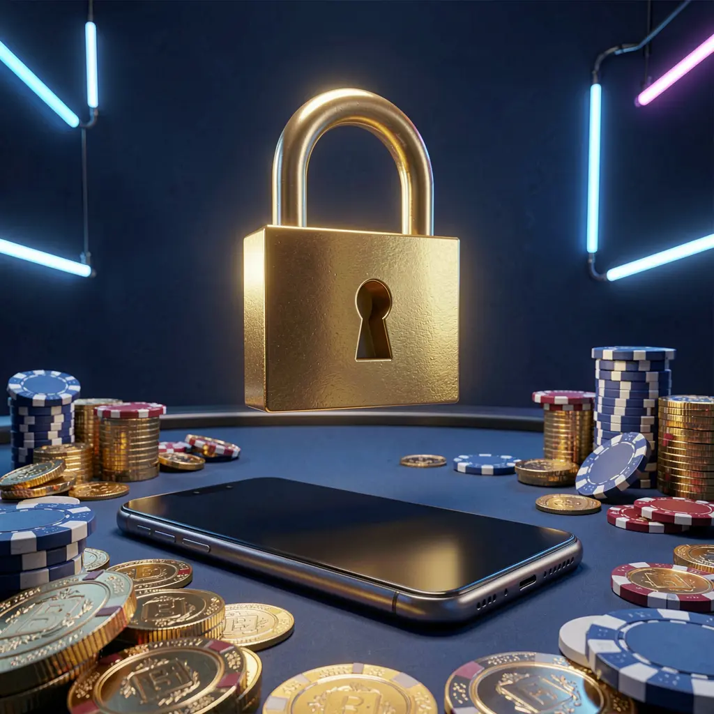 TKGG casino login security image showing a glowing padlock floating above a smartphone with golden coins and chips scattered around against a dark blue neon background in a premium realistic 3D render TKGG casino login security image showing a glowing padlock floating above a smartphone with golden coins and chips scattered around against a dark blue neon background in a premium realistic 3D render