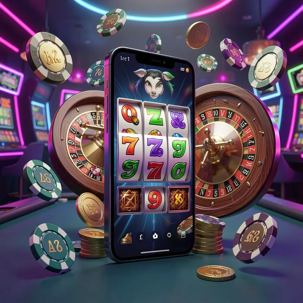 TKGG casino entertainment homepage concept showing a modern mobile phone with slot symbols, roulette wheel, chips, and coins floating around against a neon casino background in a premium 3D render TKGG casino entertainment homepage concept showing a modern mobile phone with slot symbols, roulette wheel, chips, and coins floating around against a neon casino background in a premium 3D render